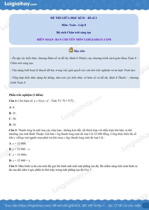 Đề thi giữa kì 2 Toán 8 - Đề số 2 - Chân trời sáng tạo